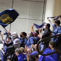 A team in the stands cheers and waves flags and towels